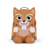 The Affenzahn Large Friend Cat backpack has a unique tongue feature that can be pulled out to display a name tag or photo.