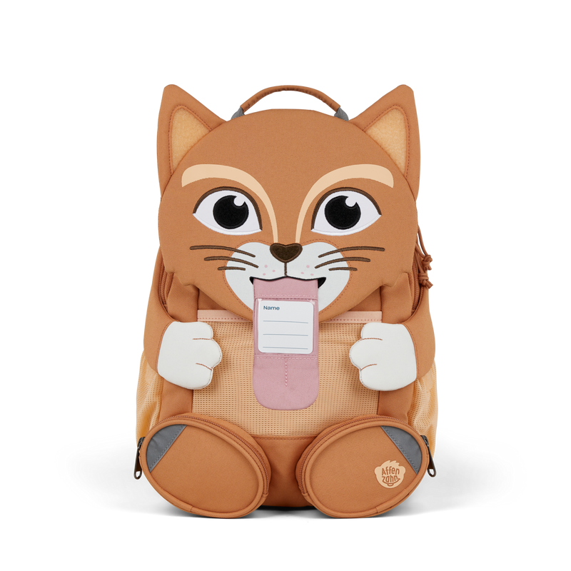 The Affenzahn Large Friend Cat backpack has a unique tongue feature that can be pulled out to display a name tag or photo.