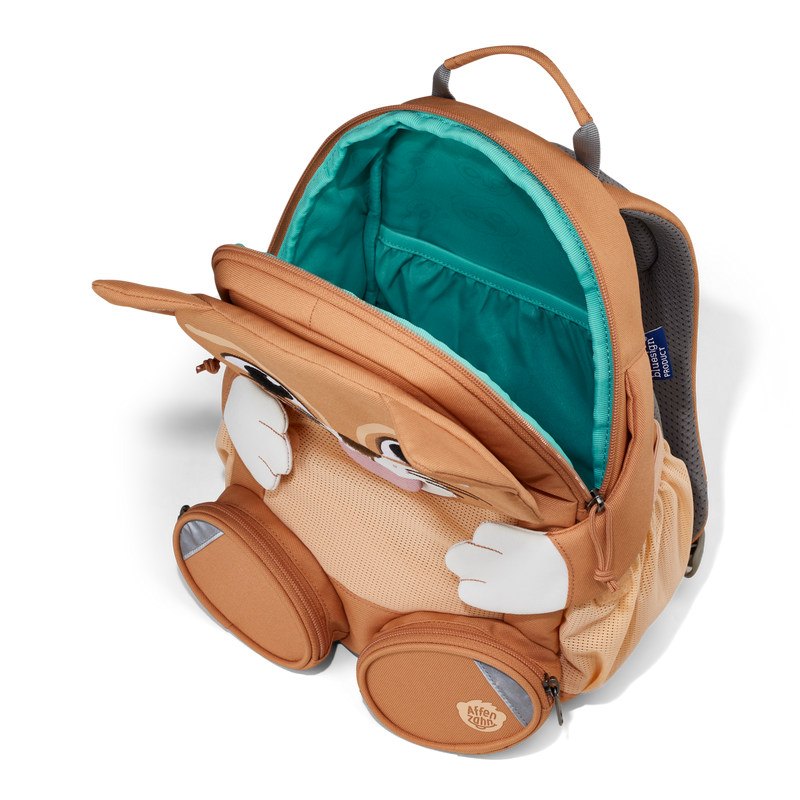 A top-down view of the Affenzahn Large Friend Cat backpack’s main compartment, suitable for all your kid’s preschool essentials.