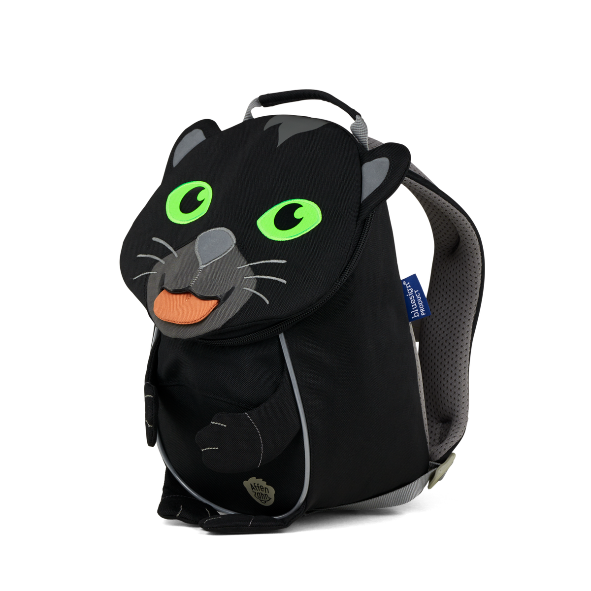 Right side view highlighting the Affenzahn Small Friend Panther backpack`s depth, adjustable shoulder straps, and the Panther's ear detailing.