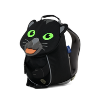 Right side view highlighting the Affenzahn Small Friend Panther backpack`s depth, adjustable shoulder straps, and the Panther's ear detailing.