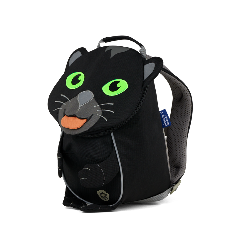 Right side view highlighting the Affenzahn Small Friend Panther backpack`s depth, adjustable shoulder straps, and the Panther's ear detailing.