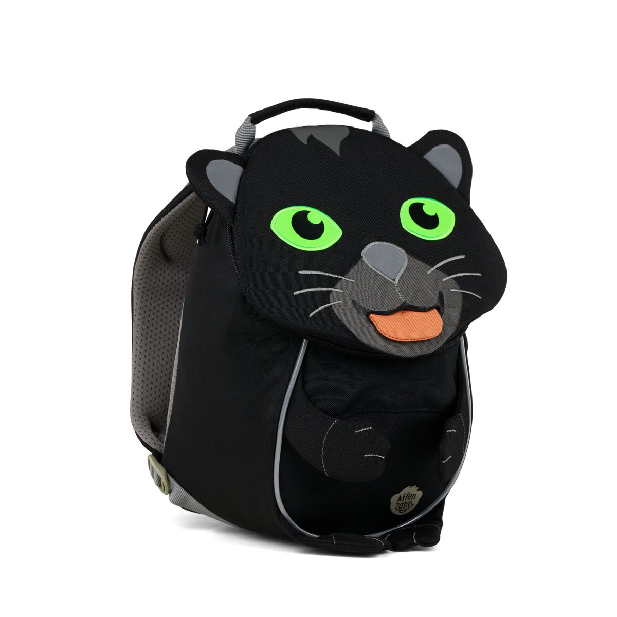Left side view highlighting the Affenzahn Small Friend Panther backpack`s depth, adjustable shoulder straps, and the Panther's ear detailing.