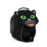 Left side view highlighting the Affenzahn Small Friend Panther backpack`s depth, adjustable shoulder straps, and the Panther's ear detailing.