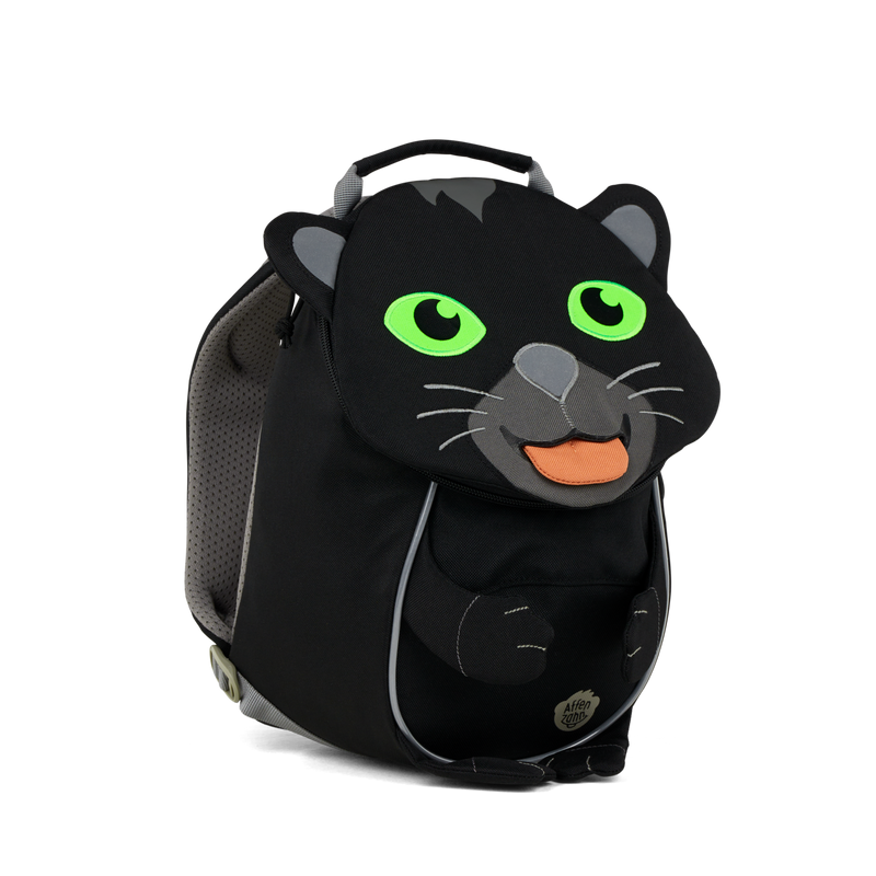 Left side view highlighting the Affenzahn Small Friend Panther backpack`s depth, adjustable shoulder straps, and the Panther's ear detailing.