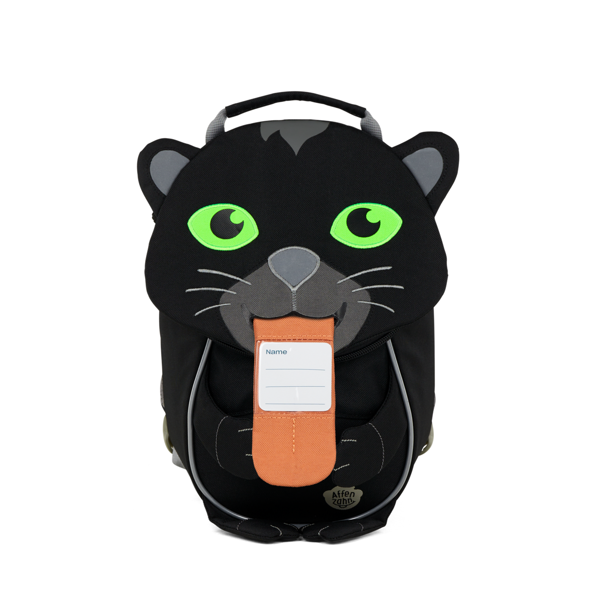 The Affenzahn Small Friend Panther backpack has a unique tongue feature that can be pulled out to display a name tag or photo.