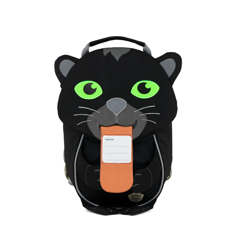 The Affenzahn Small Friend Panther backpack has a unique tongue feature that can be pulled out to display a name tag or photo.