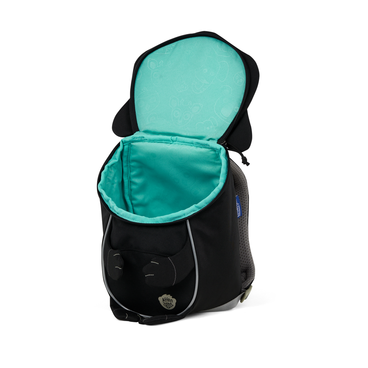 A top-down view of the Affenzahn Small Friend Panther backpack’s main compartment, suitable for all your kid’s daycare essentials.