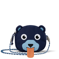 Affenzahn Bear Kids Wallet featuring a friendly bear face with embroidered eyes, rounded ears, and a pull-out tongue label for writing a name.