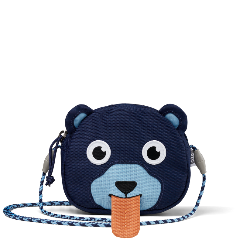Affenzahn Bear Kids Wallet featuring a friendly bear face with embroidered eyes, rounded ears, and a pull-out tongue label for writing a name.
