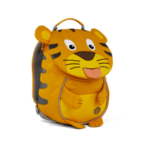 Left side view highlighting the Affenzahn Small Friend Tiger backpack`s depth, adjustable shoulder straps, and the Tiger's ear detailing.