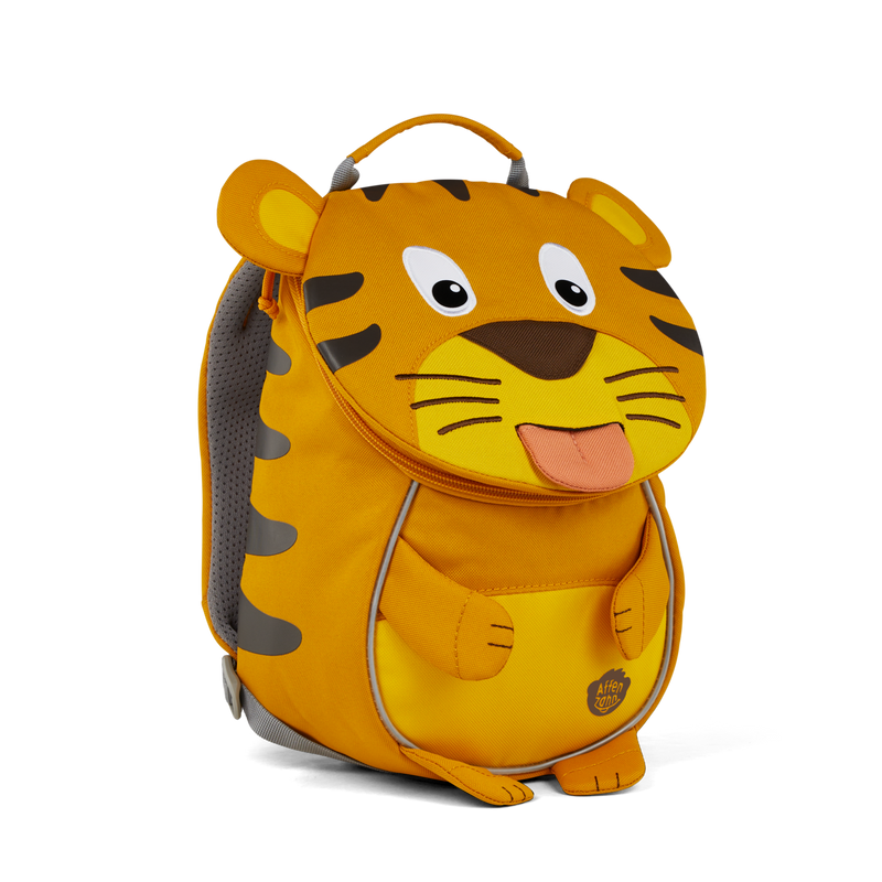 Left side view highlighting the Affenzahn Small Friend Tiger backpack`s depth, adjustable shoulder straps, and the Tiger's ear detailing.