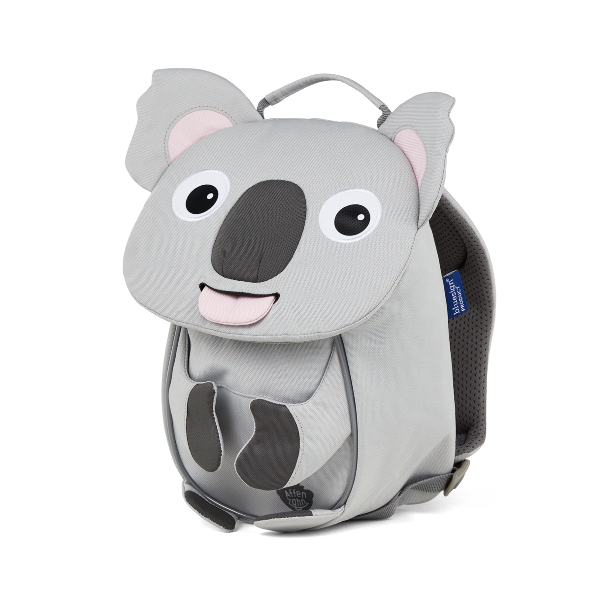 Right side view highlighting the Affenzahn Small Friend Koala backpack`s depth, adjustable shoulder straps, and the Koala's ear detailing.
