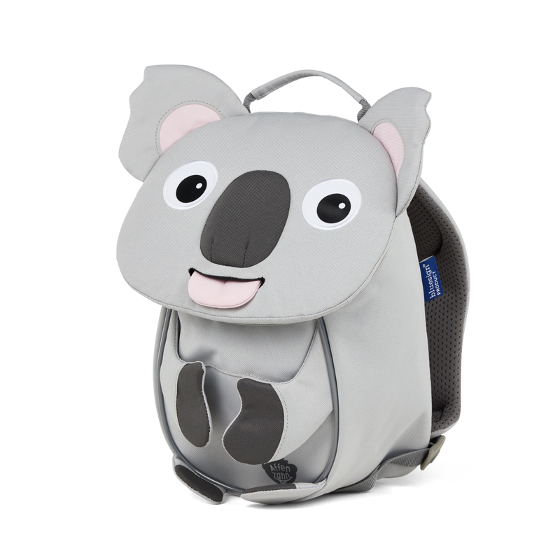 Right side view highlighting the Affenzahn Small Friend Koala backpack`s depth, adjustable shoulder straps, and the Koala's ear detailing.