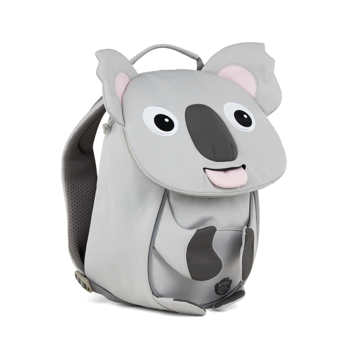 Left side view highlighting the Affenzahn Small Friend Koala backpack`s depth, adjustable shoulder straps, and the Koala's ear detailing.