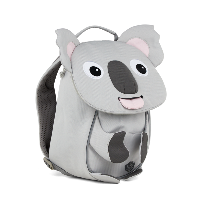 Left side view highlighting the Affenzahn Small Friend Koala backpack`s depth, adjustable shoulder straps, and the Koala's ear detailing.