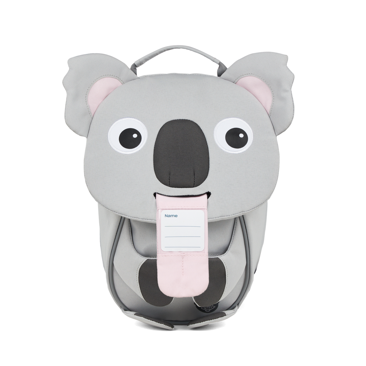 The Affenzahn Small Friend Koala backpack has a unique tongue feature that can be pulled out to display a name tag or photo.