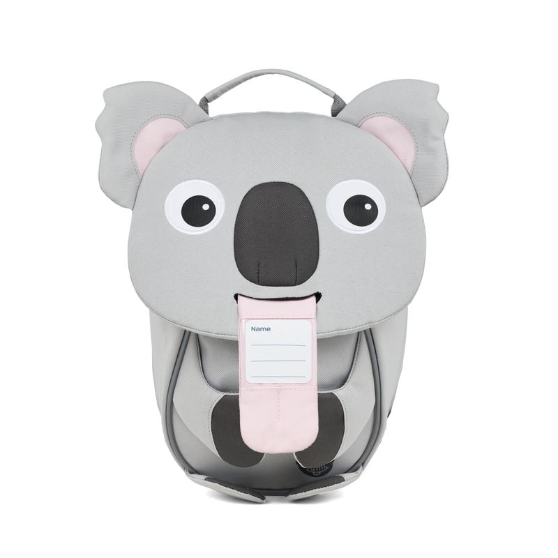 The Affenzahn Small Friend Koala backpack has a unique tongue feature that can be pulled out to display a name tag or photo.