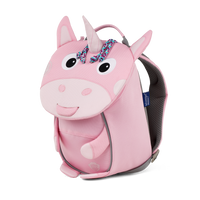 Right side view highlighting the Affenzahn Small Friend Unicorn backpack`s depth, adjustable shoulder straps, and the Unicorn's ear detailing.
