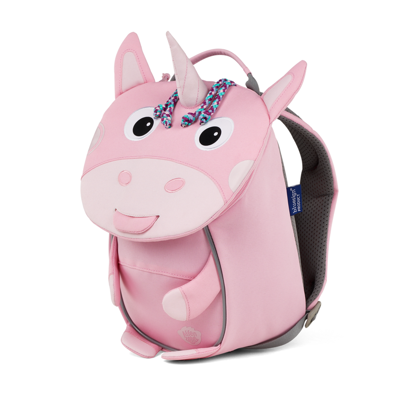 Right side view highlighting the Affenzahn Small Friend Unicorn backpack`s depth, adjustable shoulder straps, and the Unicorn's ear detailing.