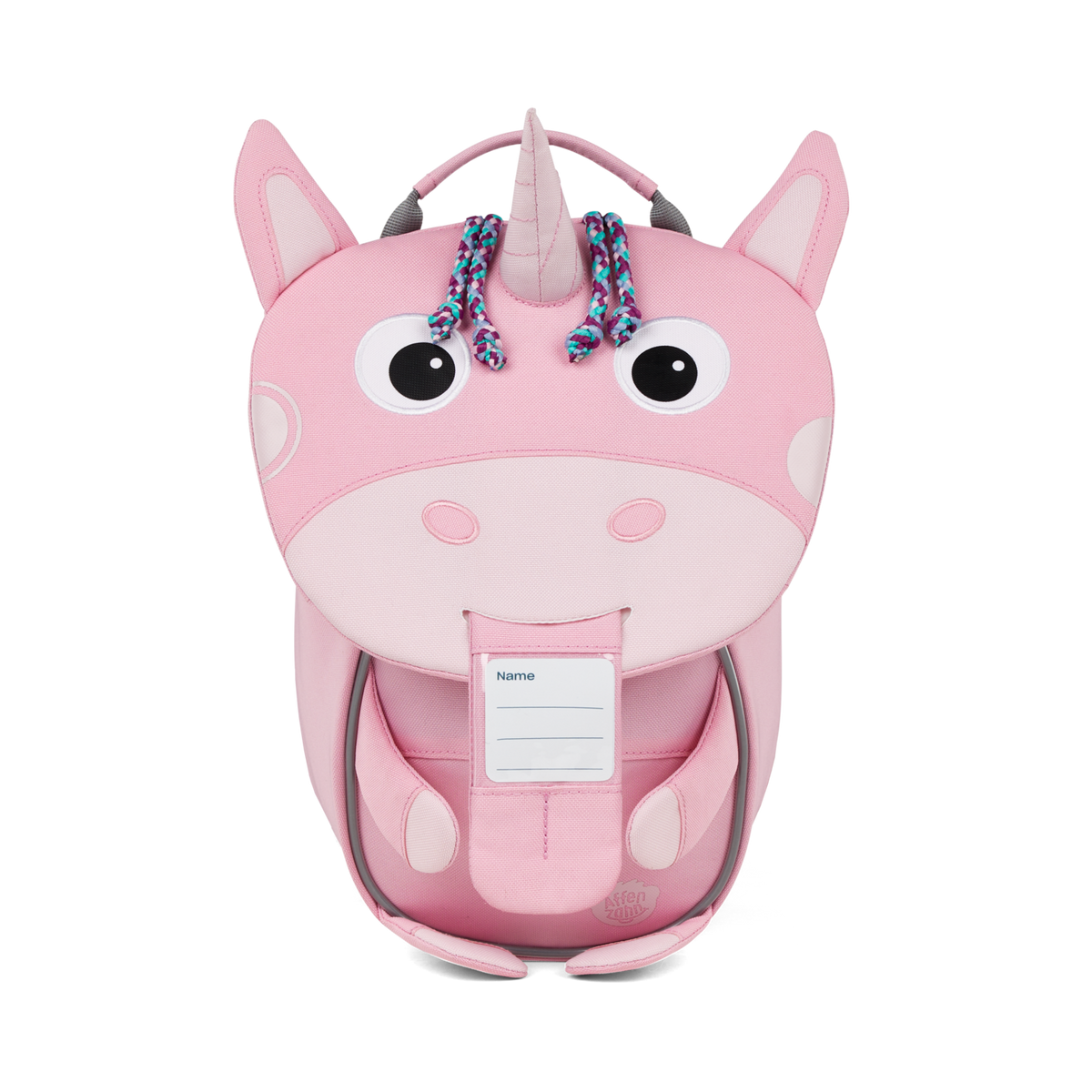 The Affenzahn Small Friend Unicorn backpack has a unique tongue feature that can be pulled out to display a name tag or photo.