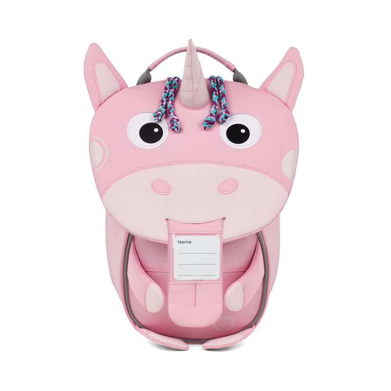 The Affenzahn Small Friend Unicorn backpack has a unique tongue feature that can be pulled out to display a name tag or photo.