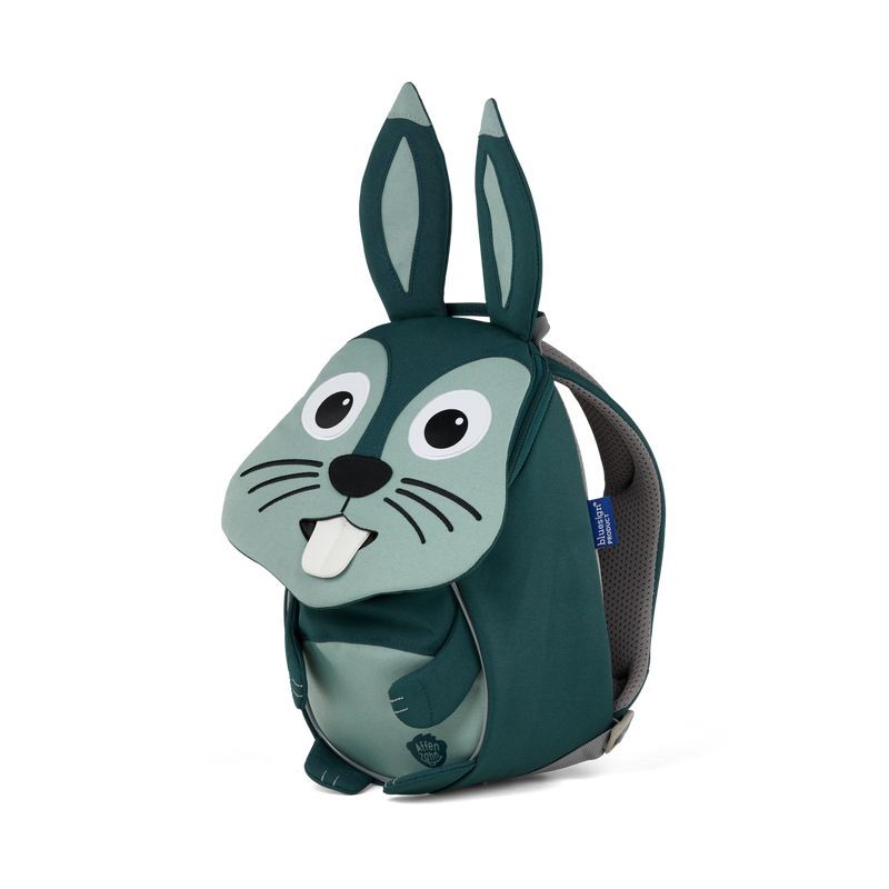 Right side view highlighting the Affenzahn Small Friend Rabbit backpack`s depth, adjustable shoulder straps, and the Rabbit's ear detailing.