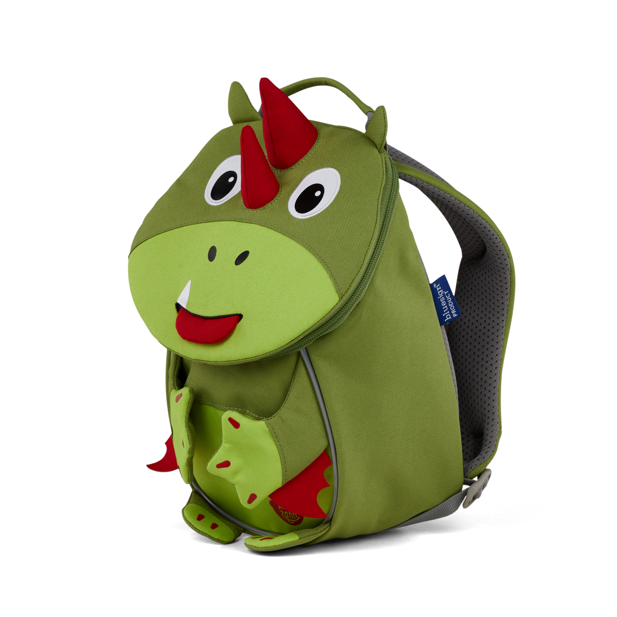 Right side view highlighting the Affenzahn Small Friend Dinosaur backpack`s depth, adjustable shoulder straps, and the Dinosaur's ear detailing.
