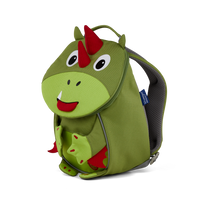 Right side view highlighting the Affenzahn Small Friend Dinosaur backpack`s depth, adjustable shoulder straps, and the Dinosaur's ear detailing.