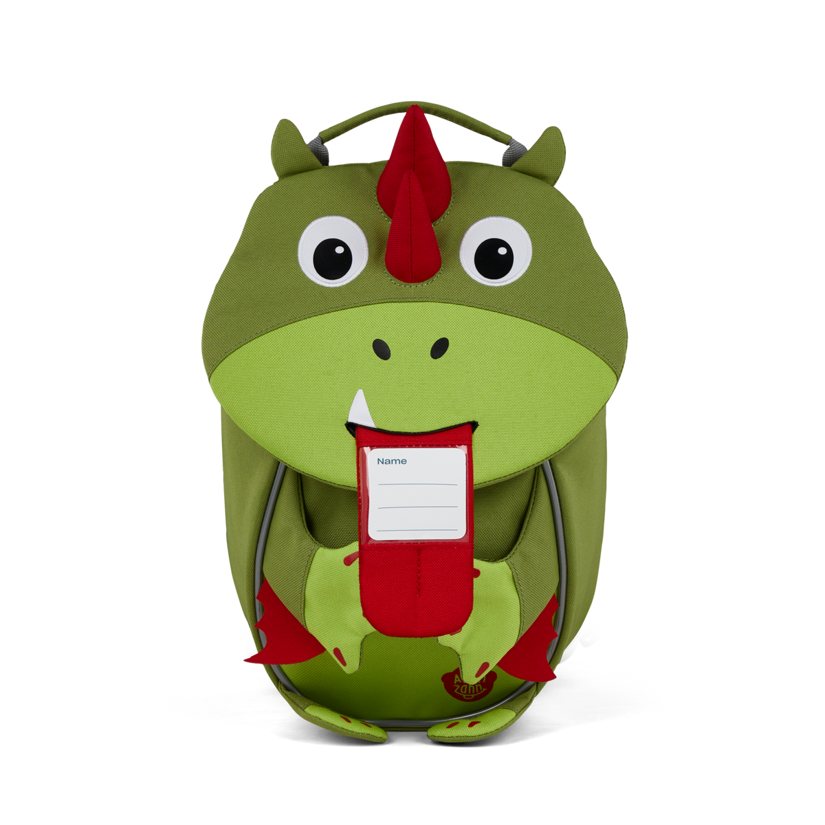The Affenzahn Small Friend Dinosaur backpack has a unique tongue feature that can be pulled out to display a name tag or photo.