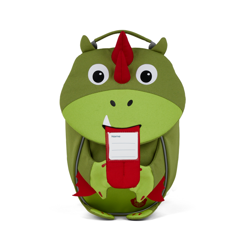 The Affenzahn Small Friend Dinosaur backpack has a unique tongue feature that can be pulled out to display a name tag or photo.