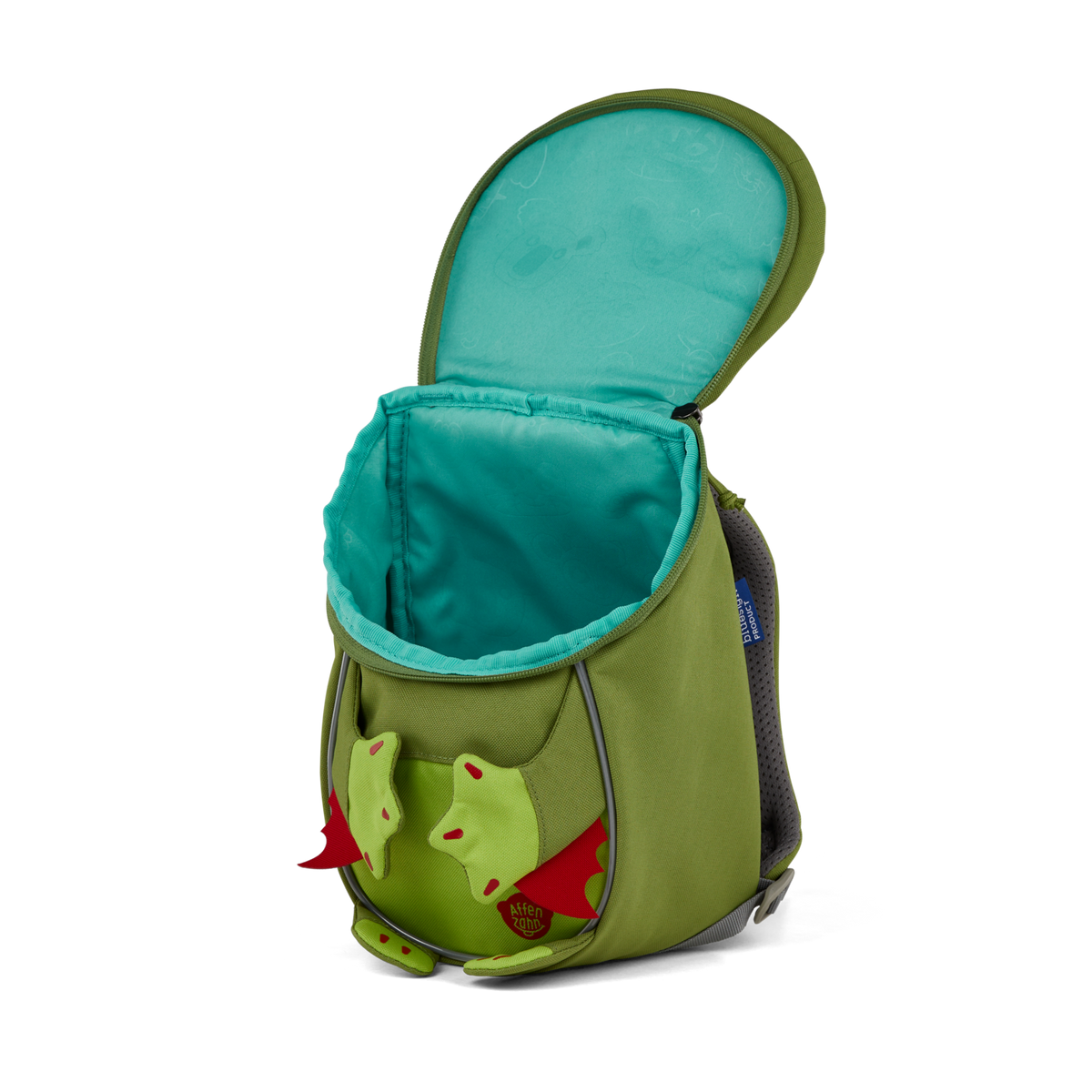 A top-down view of the Affenzahn Small Friend Dinosaur backpack’s main compartment, suitable for all your kid’s daycare essentials.
