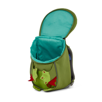A top-down view of the Affenzahn Small Friend Dinosaur backpack’s main compartment, suitable for all your kid’s daycare essentials.