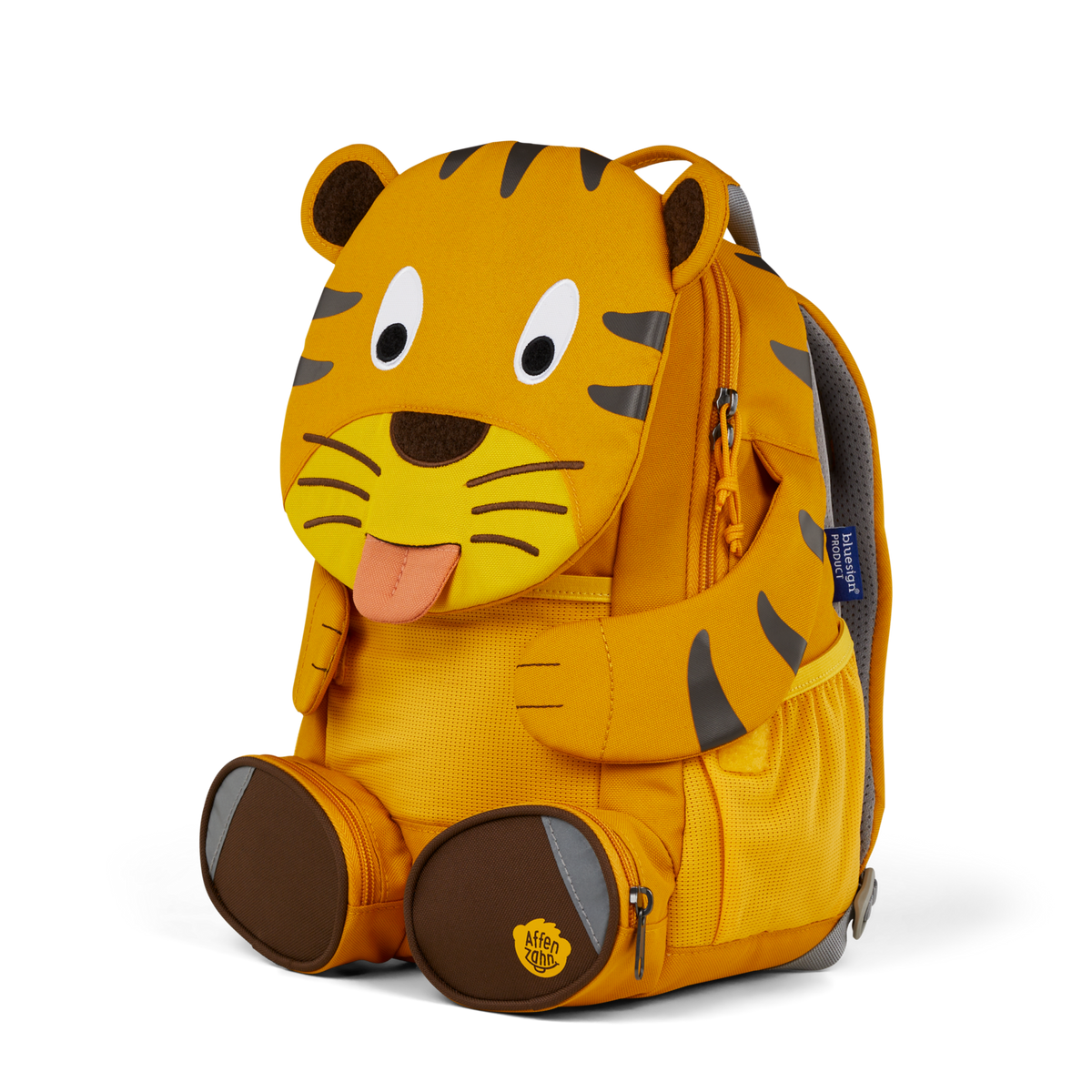Right side view highlighting the Affenzahn Large Friend Tiger backpack`s depth, adjustable shoulder straps, and the Tiger's ear detailing.