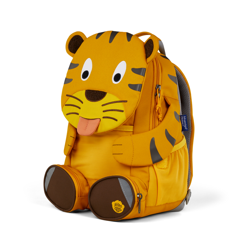 Right side view highlighting the Affenzahn Large Friend Tiger backpack`s depth, adjustable shoulder straps, and the Tiger's ear detailing.