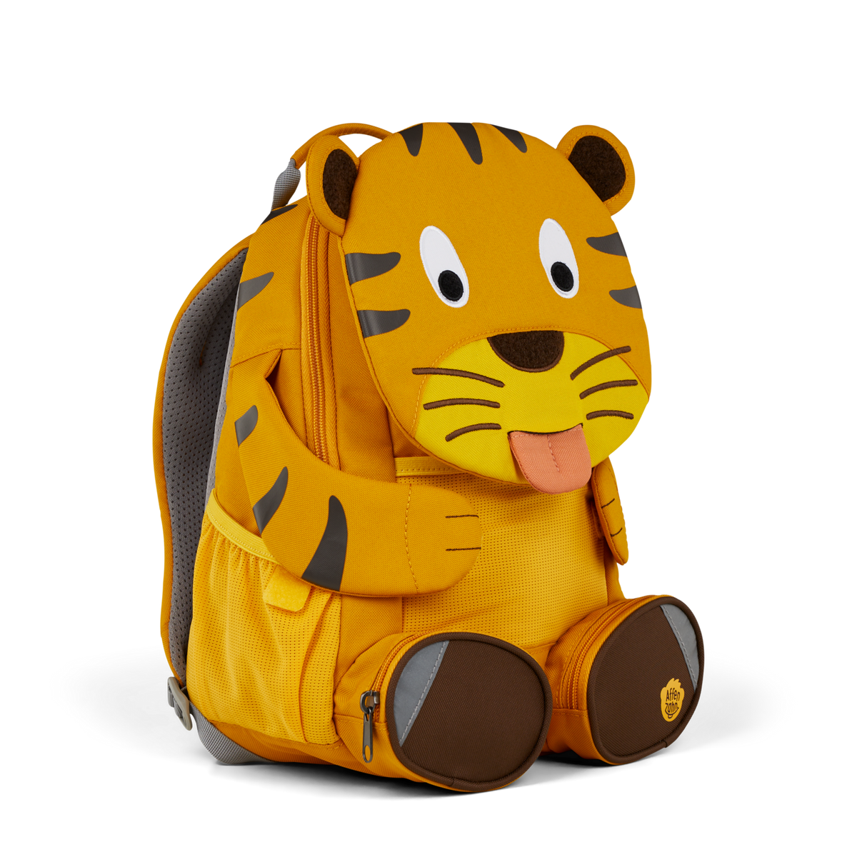 Left side view highlighting the Affenzahn Large Friend Tiger backpack`s depth, adjustable shoulder straps, and the Tiger's ear detailing.