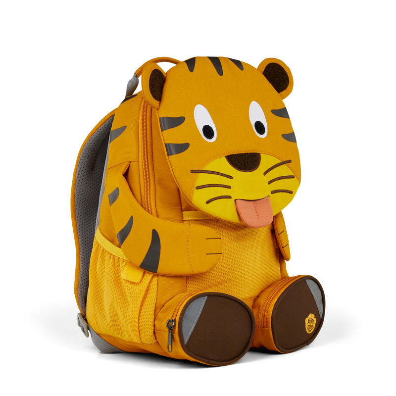 Left side view highlighting the Affenzahn Large Friend Tiger backpack`s depth, adjustable shoulder straps, and the Tiger's ear detailing.
