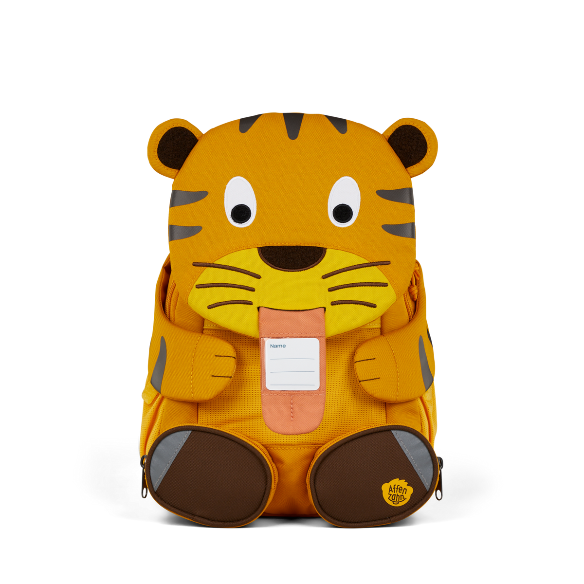 The Affenzahn Large Friend Tiger backpack has a unique tongue feature that can be pulled out to display a name tag or photo.