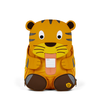 The Affenzahn Large Friend Tiger backpack has a unique tongue feature that can be pulled out to display a name tag or photo.
