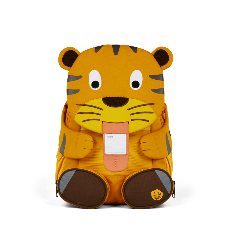 The Affenzahn Large Friend Tiger backpack has a unique tongue feature that can be pulled out to display a name tag or photo.