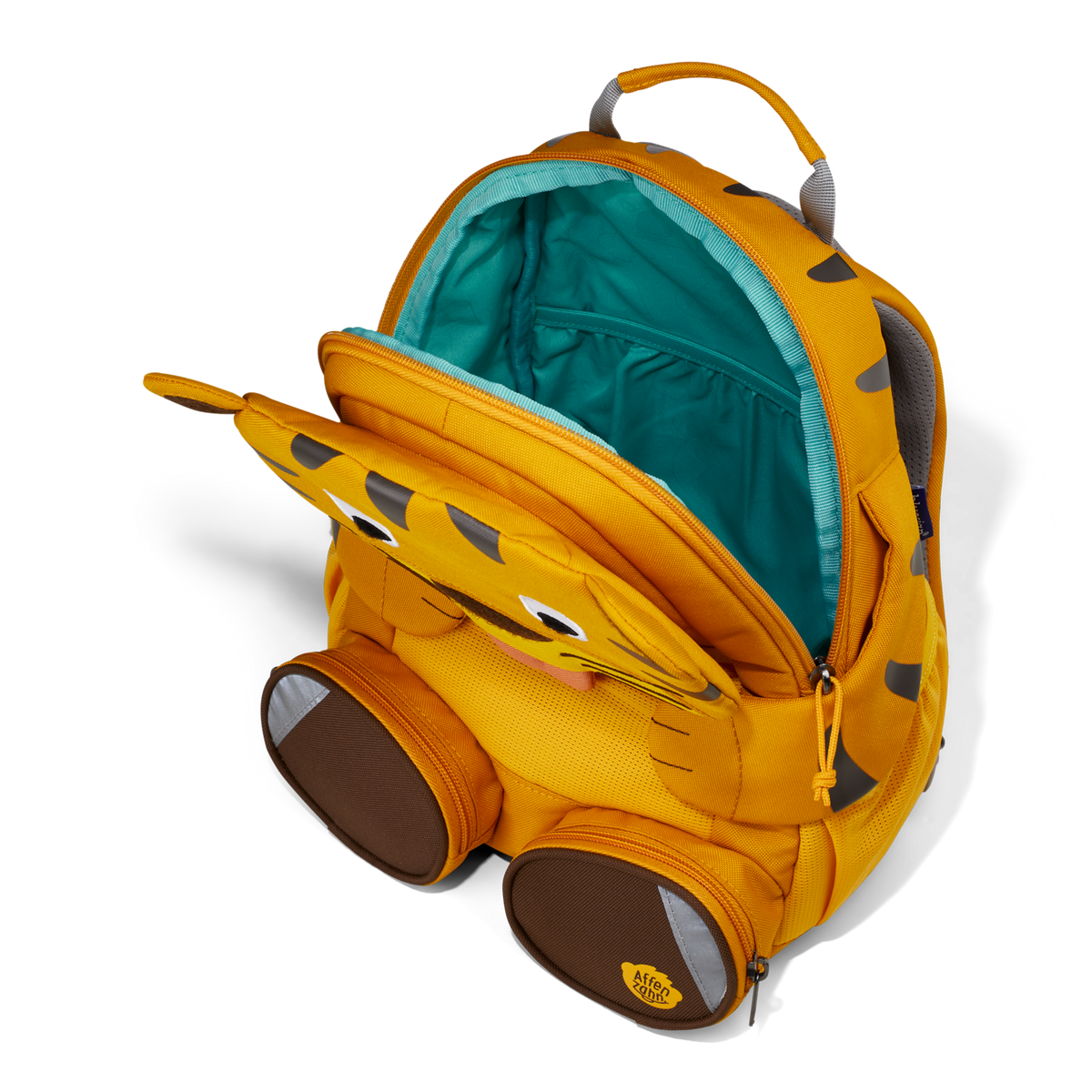 A top-down view of the Affenzahn Large Friend Tiger backpack’s main compartment, suitable for all your kid’s preschool essentials.