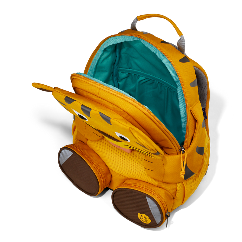 A top-down view of the Affenzahn Large Friend Tiger backpack’s main compartment, suitable for all your kid’s preschool essentials.