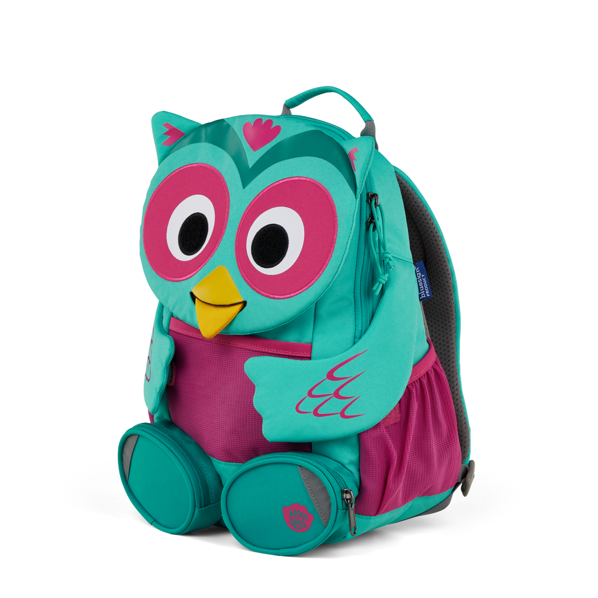 Right side view highlighting the Affenzahn Large Friend Owl backpack`s depth, adjustable shoulder straps, and the Owl's ear detailing.