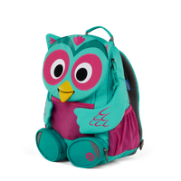 Right side view highlighting the Affenzahn Large Friend Owl backpack`s depth, adjustable shoulder straps, and the Owl's ear detailing.