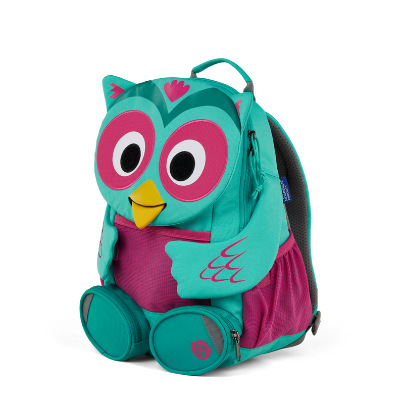 Right side view highlighting the Affenzahn Large Friend Owl backpack`s depth, adjustable shoulder straps, and the Owl's ear detailing.