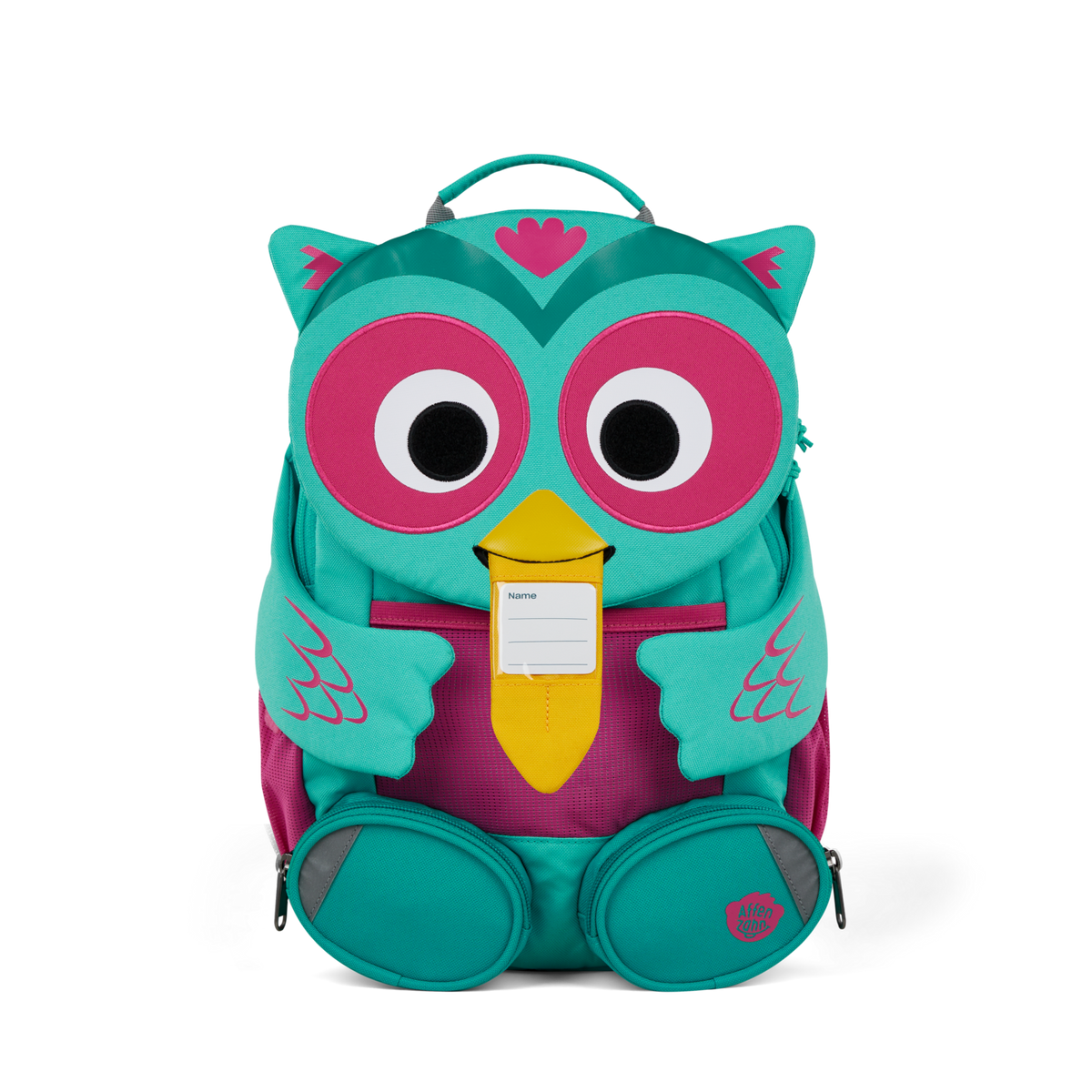 The Affenzahn Large Friend Owl backpack has a unique tongue feature that can be pulled out to display a name tag or photo.