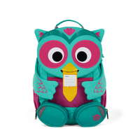 The Affenzahn Large Friend Owl backpack has a unique tongue feature that can be pulled out to display a name tag or photo.