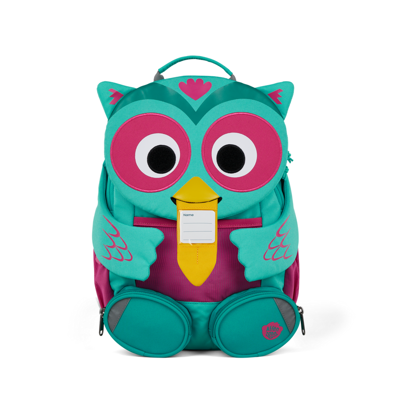 The Affenzahn Large Friend Owl backpack has a unique tongue feature that can be pulled out to display a name tag or photo.