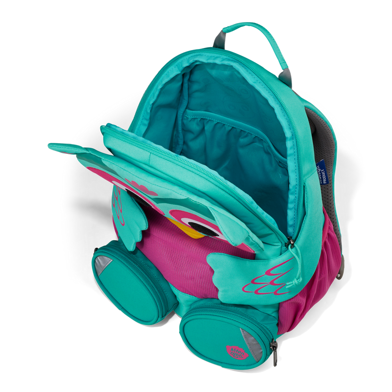 A top-down view of the Affenzahn Large Friend Owl backpack’s main compartment, suitable for all your kid’s preschool essentials.