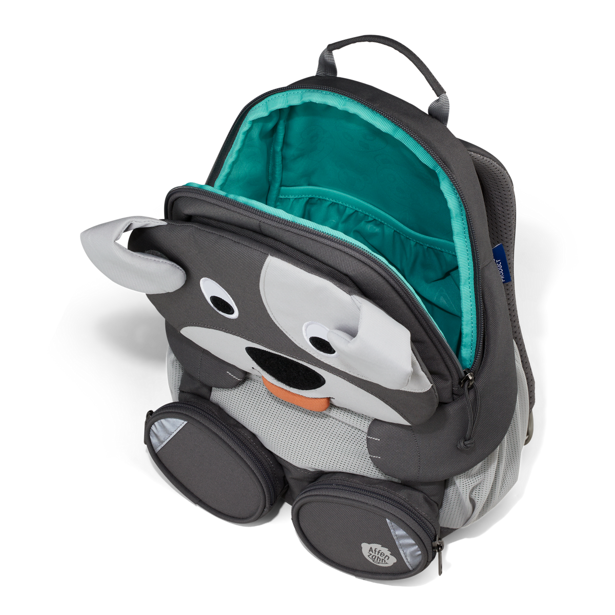 A top-down view of the Affenzahn Large Friend Dog backpack’s main compartment, suitable for all your kid’s preschool essentials.